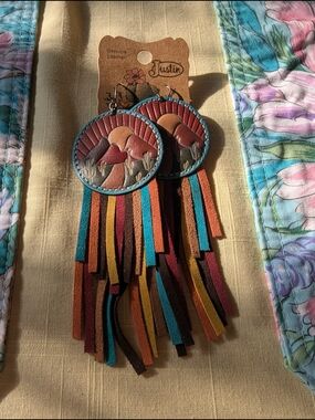 NEW Justin Genuine Leather Southwestern Desert Sunset Fringe Drop Earrings